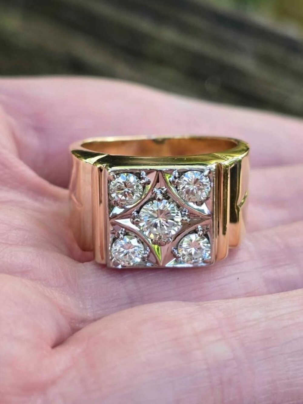 Vintage 14K Yellow Gold Natural Earth Mined Diamond Ring Size 7.5 Art Deco
